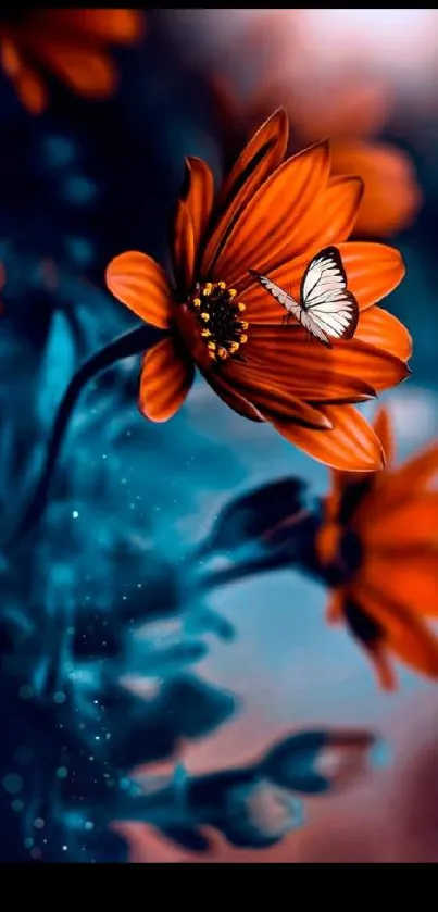 Orange flower with butterfly on blue background wallpaper.