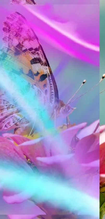 Butterfly perched on flower with pink and neon effects.