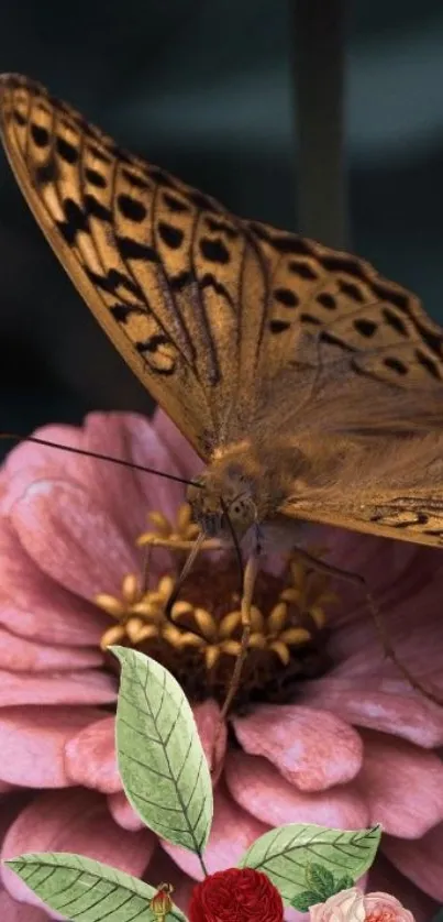 Butterfly perched on pink flower with green leaves and grass design.