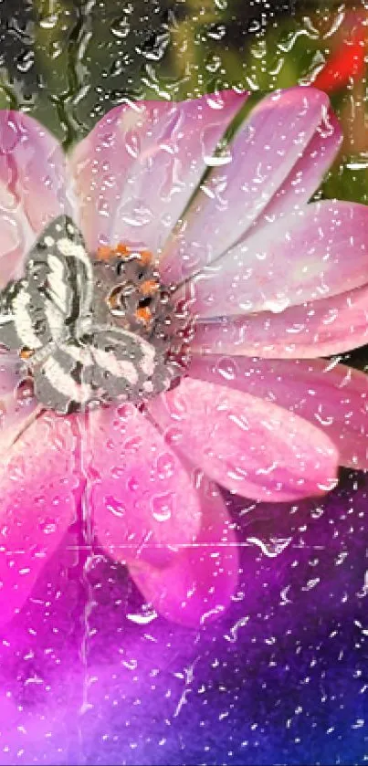 A butterfly rests on a vivid pink flower against a lush green background.