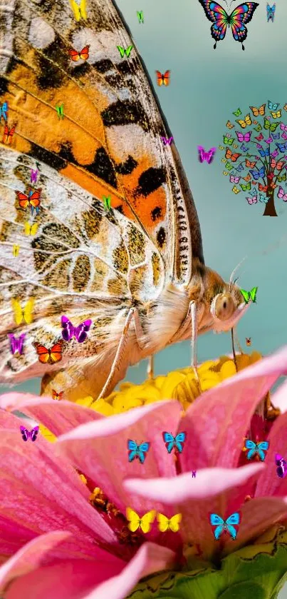 Butterfly resting on a pink flower with a blurred green background.