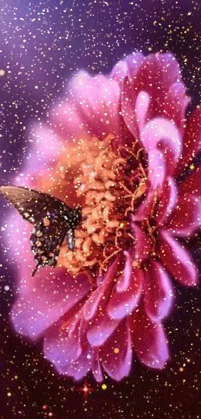 Butterfly on a pink flower with a starry night background.