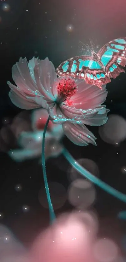 Butterfly resting on pink flower with bokeh background.