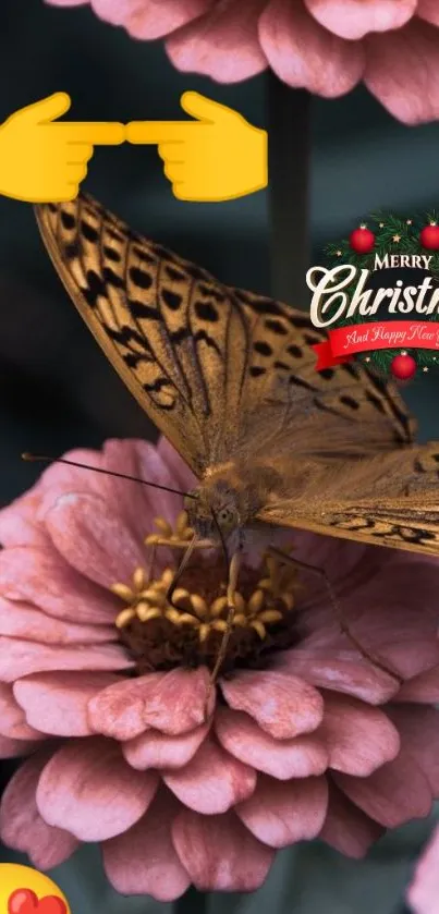 Butterfly perched on pink flower with Christmas text.