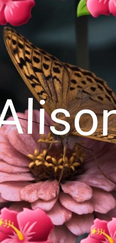 Butterfly resting on a pink flower with tropical blooms.