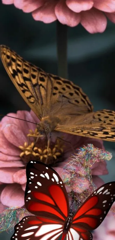 Butterfly resting on pink flowers background