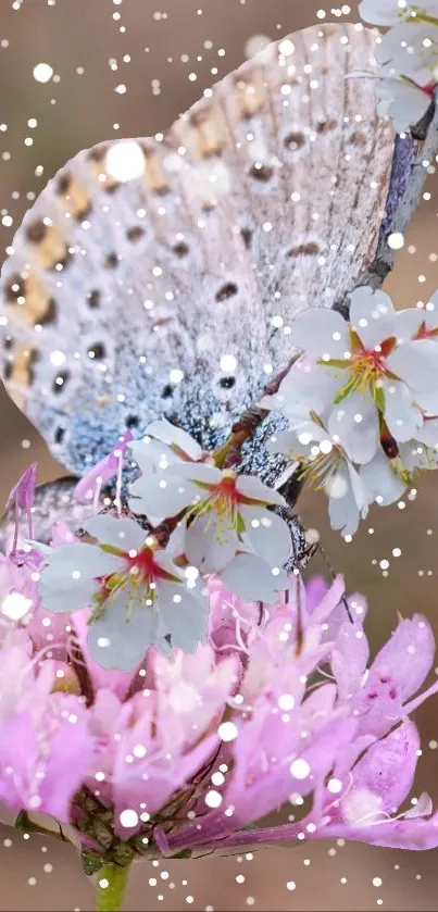 Butterfly resting on pink flowers with white artistic spots.