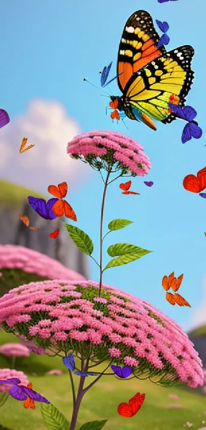 Colorful butterfly rests on vibrant pink flowers under a clear blue sky in nature scene.