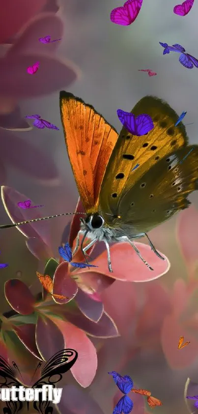 Butterfly on vibrant pink leaves in serene nature scene.