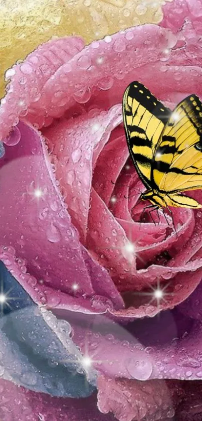 Vibrant butterfly on a pink rose with sparkles, perfect for a nature-themed wallpaper.