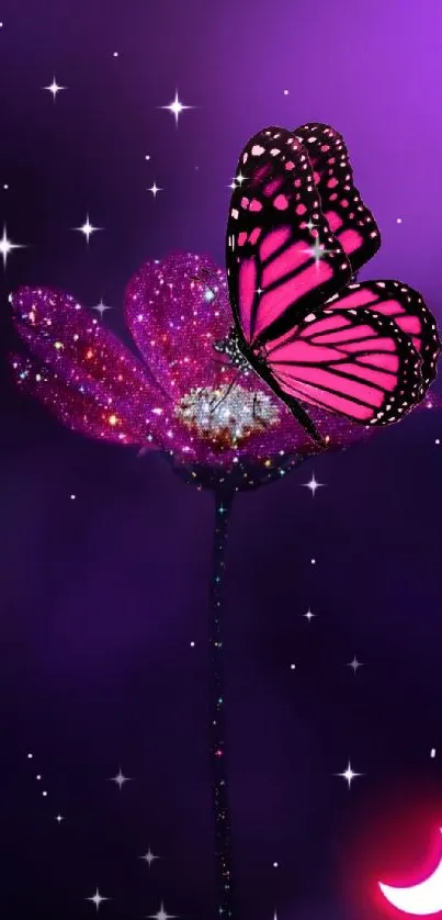 Purple cosmos wallpaper with butterfly and glowing celestial accents.