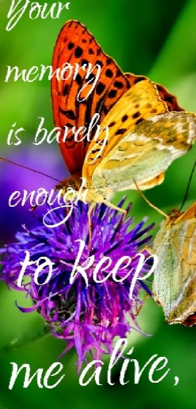 Butterfly resting on a purple flower with elegant script text on a green background.