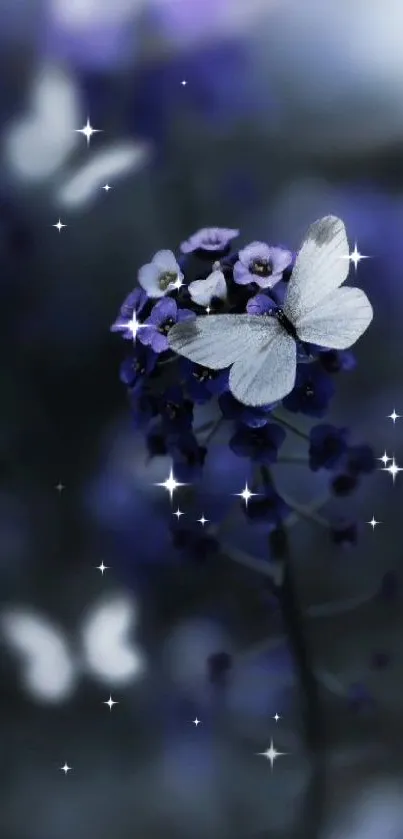 White butterfly on purple flowers in dark tones wallpaper.