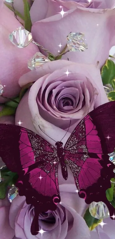 Purple roses with a butterfly and sparkling crystals mobile wallpaper.