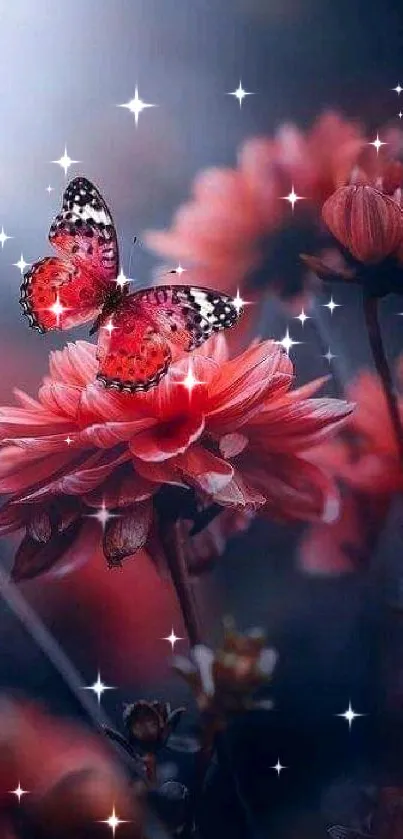 Butterfly sitting on vibrant red flowers with a soft, dreamy background.