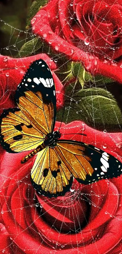 Butterfly sits on vibrant red roses with water droplets.