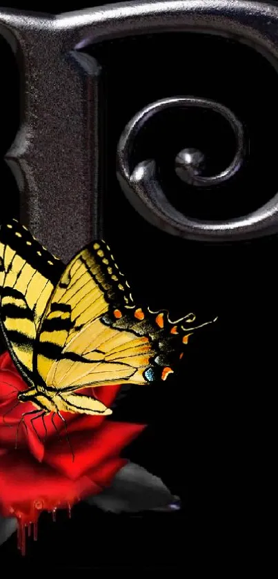 Yellow butterfly on red rose with black background and ornate letter P.