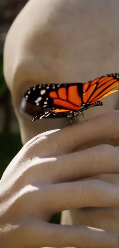 Butterfly perched on a hand-shaped sculpture, blending art and nature.