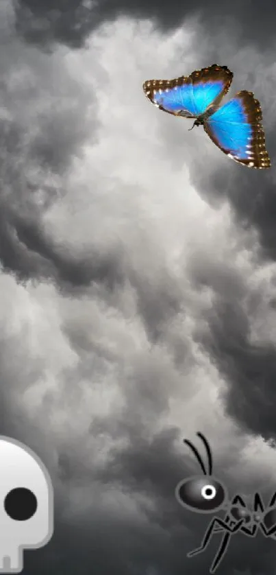 Blue butterfly with a skull and ant on a stormy sky wallpaper.