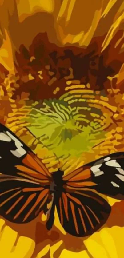 Colorful butterfly on a sunflower digital illustration wallpaper.