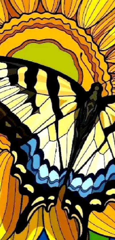 Artistic butterfly on a vibrant sunflower with a blue background.