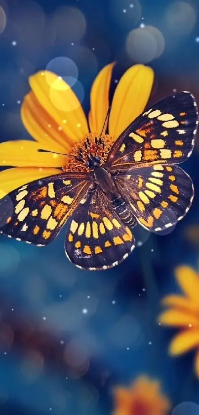 Butterfly perched on vibrant sunflower with blue background.