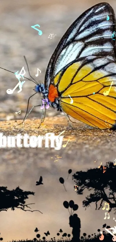 Vibrant butterfly on a sunlit stone path with a serene backdrop.