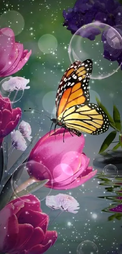 Vibrant butterfly resting on pink tulips with sparkling bubbles in dreamlike scene.