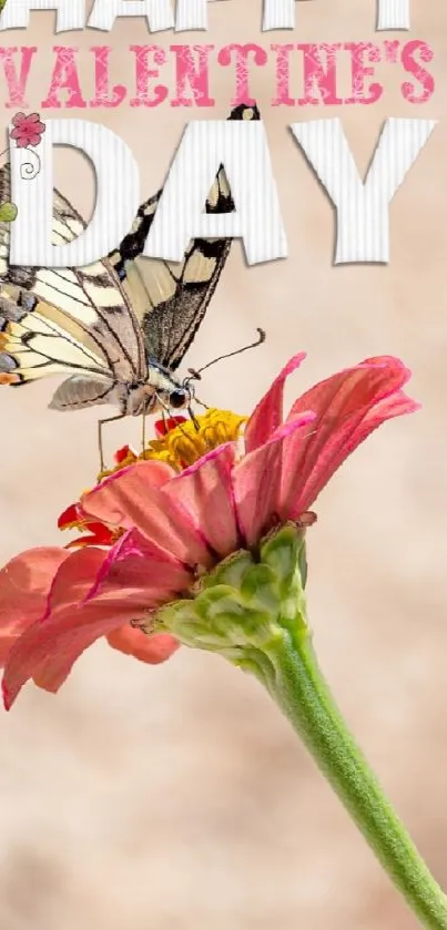 Butterfly landing on pink flower with Valentine's Day text.