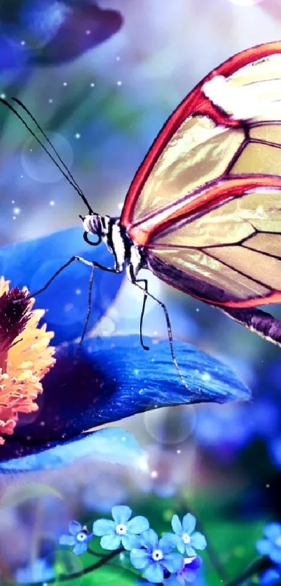 A delicate butterfly rests on a vibrant flower amidst purple blooms.