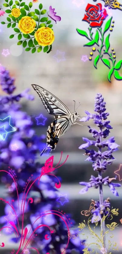 Butterfly perched on purple lavender with vibrant floral accents.