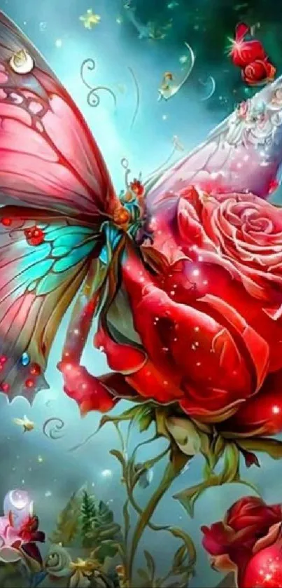 Vibrant butterfly rests on red rose with fantasy artistic details.