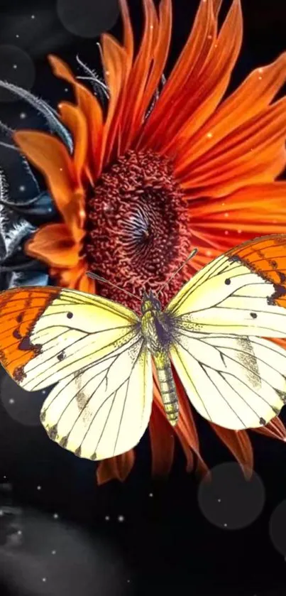 Butterfly resting on a vibrant sunflower with a dark background.