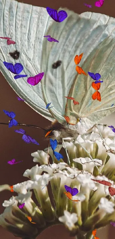 Butterfly resting on white flowers in a natural setting.