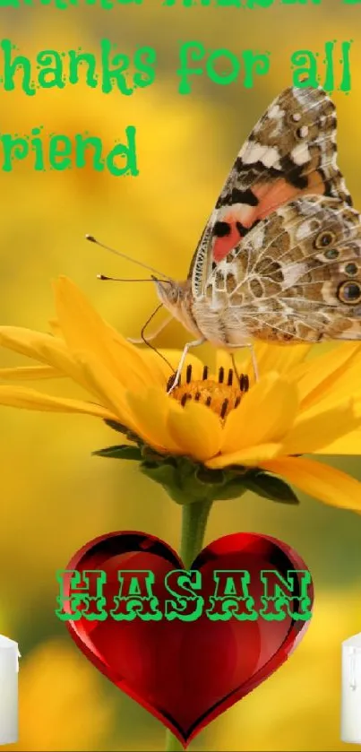 Butterfly on a yellow flower with candles and heart decoration.