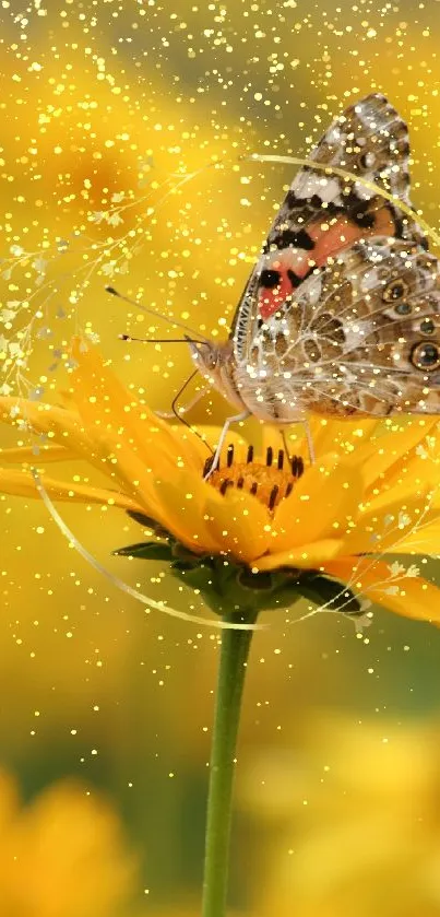 Butterfly on a bright yellow flower with artistic design.