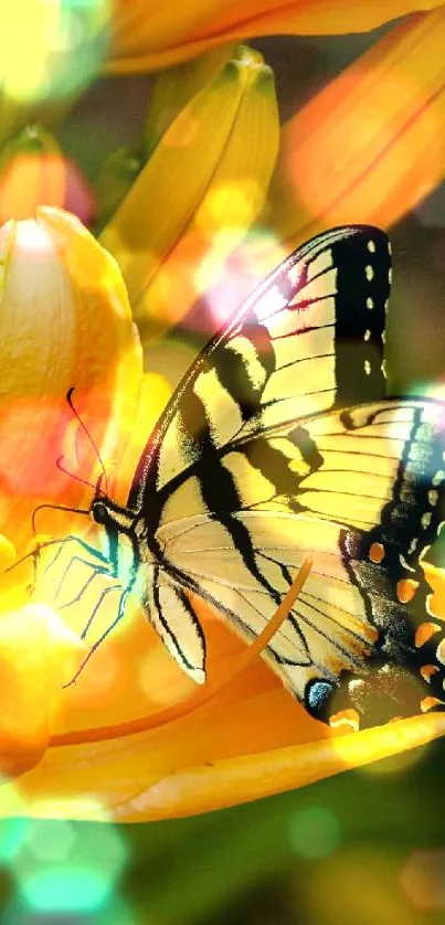 Butterfly resting on a yellow lily blossom in natural setting.