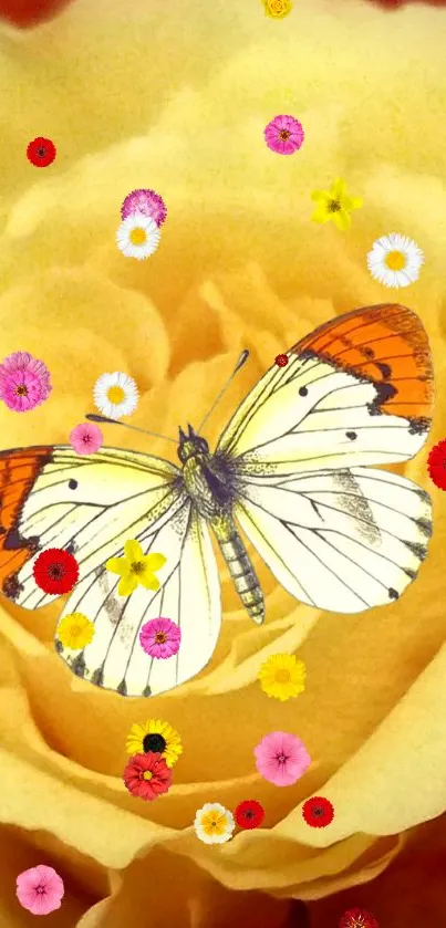 Beautiful butterfly on a yellow rose with colorful petals around.