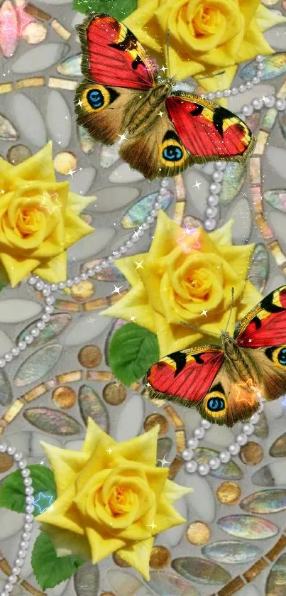 Mobile wallpaper with yellow roses and butterflies on a mosaic background.