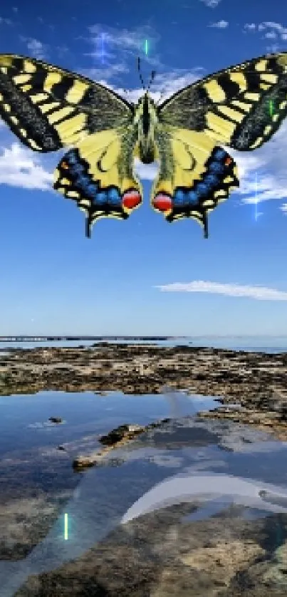 Butterfly flying over coastal rocks under a vibrant blue sky.