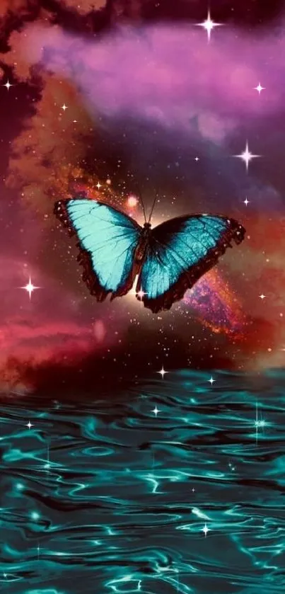 Blue butterfly hovering over a cosmic ocean under vibrant skies.