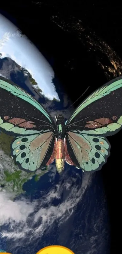 Illustrated butterfly soaring above Earth in a dark cosmic setting.