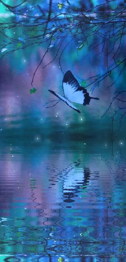 Black and white butterfly above a reflective pond with blue hues.