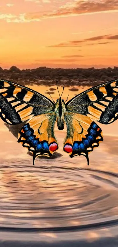 Vibrant butterfly over a serene sunset-lit lake.