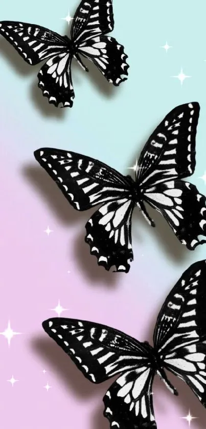 Elegant black and white butterflies on a pastel background.