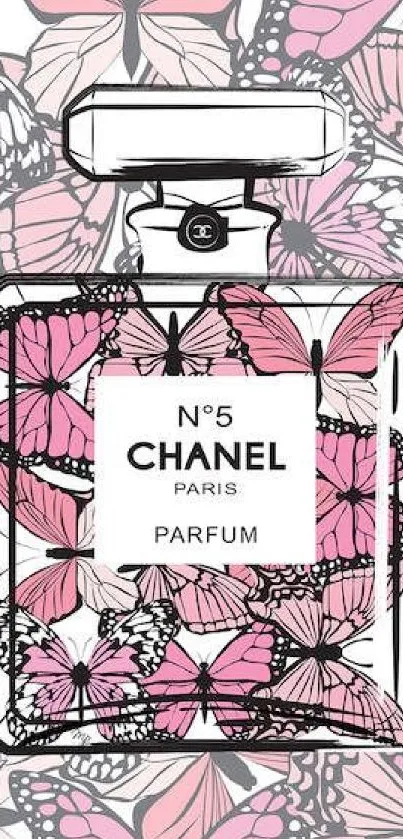 Perfume bottle with pink butterflies on a stylish mobile wallpaper.