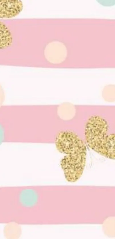 Glitter butterflies on pink striped background with pastel dots.