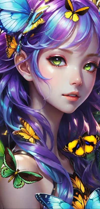 Fantasy art wallpaper with purple-haired girl and colorful butterflies.