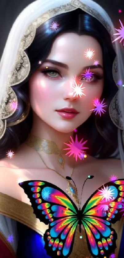 Fantasy woman with butterfly in vibrant colors.