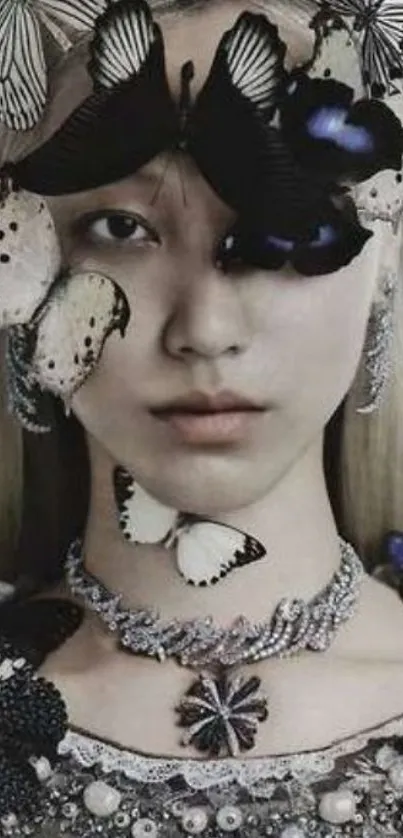 Portrait with butterflies, elegant and serene.
